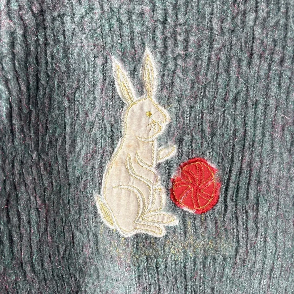 Vtg‎ Handknitted Kids Green Speckled Pink Embroidered white Bunny Sweater Easter